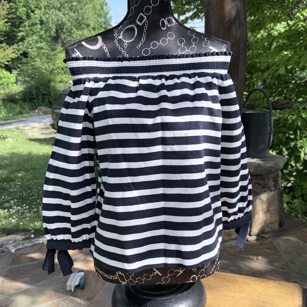 J.Crew Striped Off-the-Shoulder Top Womens Small Navy White Excellent Tie Sleeve